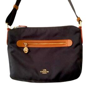Coach Sawyer Crossbody Dark Navy Canvas Brown Leather Trim Adjustable Strap
